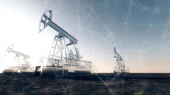 The Oil Pump Jacks With Plexus Network Connection Lines Oil Industry Crude Oil Prices Concept 4k