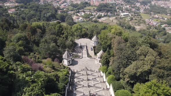 Stairway of Bom Jesus do Monte Sanctuary in Braga, Portugal. Aerial top down orbit