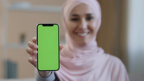 Portrait Smiling Arabian Lebanese Girl Muslim Islamic Woman in Hijab Hold Smartphone in Front Show