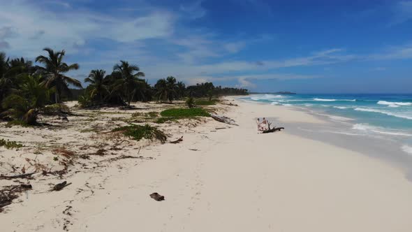 Drone is Flying Along the Beach Young Couple is Enjoying the Nature