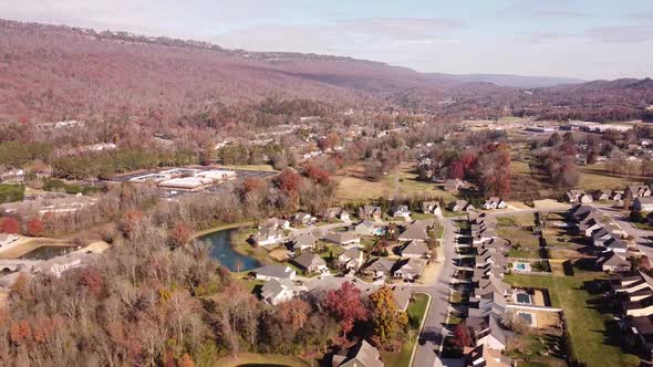 Smooth drone aerial pull out. Red Bank Chattanooga Tennessee. Seen here in the fall with the Cumberl