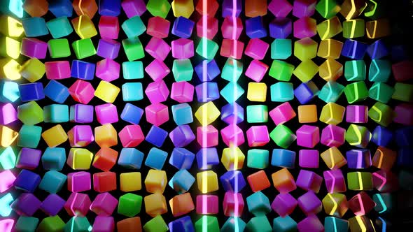 Abstract Loop Background with Cubes Lined Up in Rows on a Plane Neon Lighting of Cubes Smooth