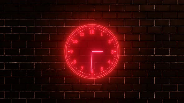 Red Neon Light Analog Clock Isolated Animated On Wall Background