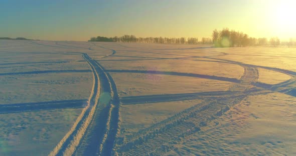 Aerial Drone View of Cold Winter Landscape with Arctic Field, Trees Covered with Frost Snow 