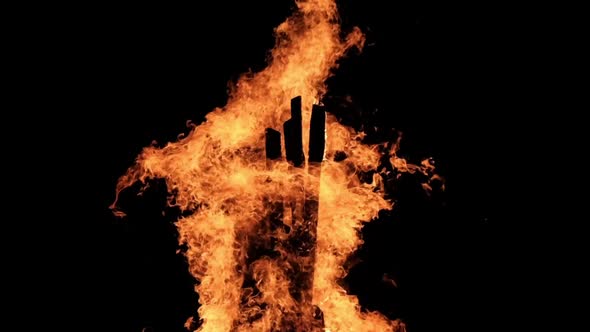 Big Bonfire Burns at Night in Slow Motion on a Black Background