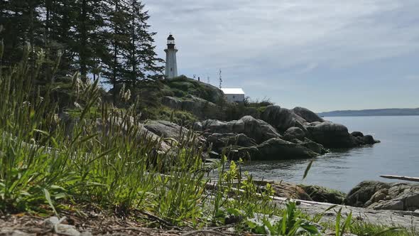 Light House, Rocks and Forest At Pacific Coast