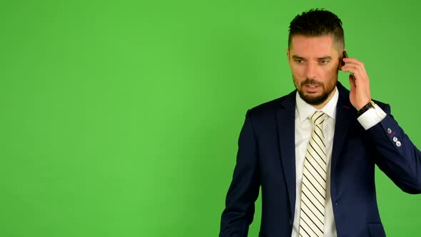 Business Man Phone, Serious Face, Green Screen, Studio