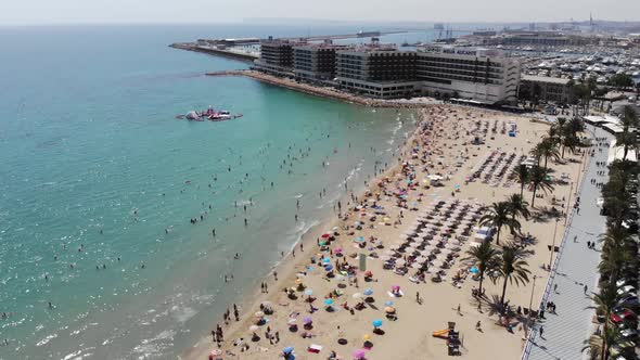 Aerial footage of the stunning beach at Alicante in Spain, taken with a drone