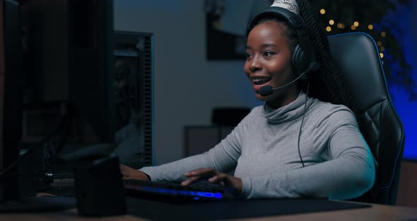 Pro Gamer Young Girl Plays Pc Game with Team Through Headset Wins Round in Online Virtual