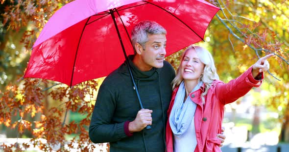 Couple standing under umbrella in park