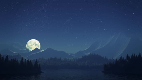 Full moon over a lake surrounded by dense coniferous forest and mountains.