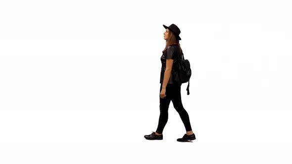 Adorable Girl in Black Leather Jacket Walking & Watching Something on Transparent Background