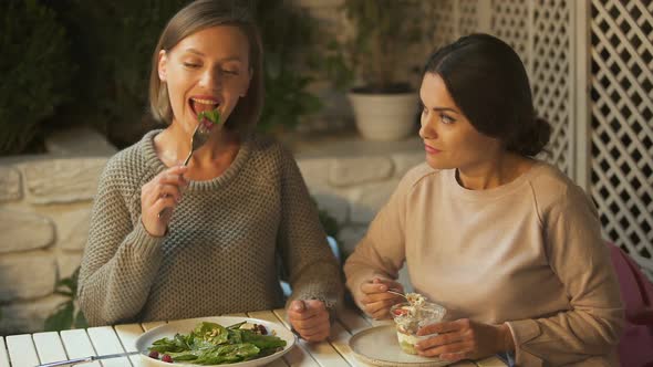 Vegan Lady Eating Salad, Criticizing Friend for Enjoying Sweet Dessert, Diet