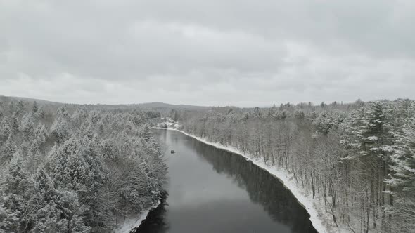 Overfly Piscataquis river in winter. Maine. USA. Aerial view