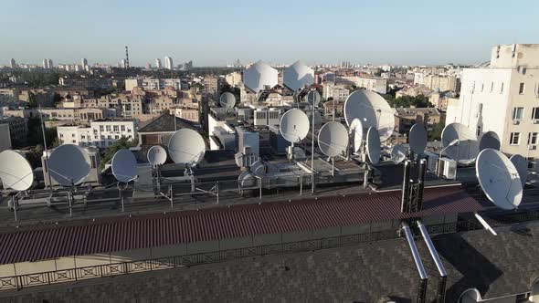 TV Antennas on the Roof of the Building. Aerial. Kyiv, Ukraine