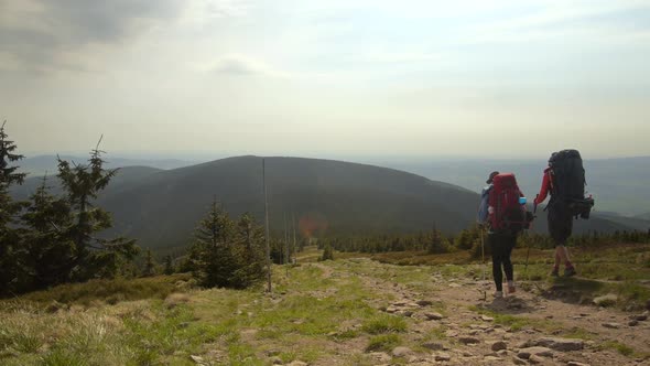 Hiking couple: two hikers (man and woman) walking together on the trail with backpacks