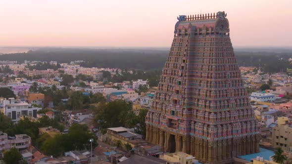 South India "Gopuram" at Srirangam Trichi, India, 4k aerial 