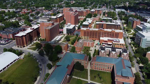 Ohio State University flyover of the north campus.  aerial drone.