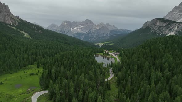 Lake of Misurina, aerial view of Dolomites