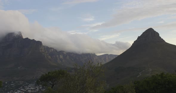 Establishing shot of Table Top and Lions Head Mountain in Cape Town South Africa