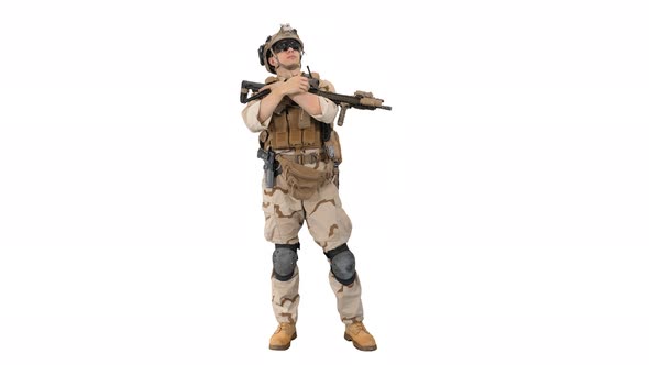 Tired American Soldier with a Rifle Standing on White Background.