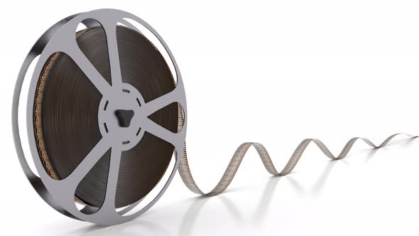 Spinning Movie Bobbin with Film Reel Isolated on the Empty White Background