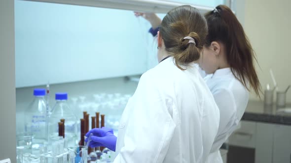 Two Female Researchers Discuss Flasks Beaker with Transparent Liquid on Desk