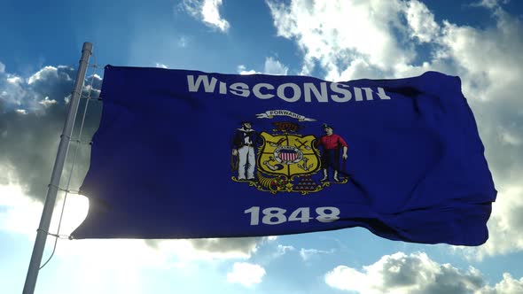 Wisconsin Flag Flagpole Waving Wind Blue Sky Background