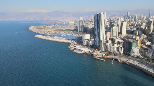 Aerial drone shot of Beirut Waterfront