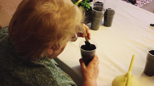 The Woman Mixes the Compost with a Spatula in a Pot and Sprinkles with Water