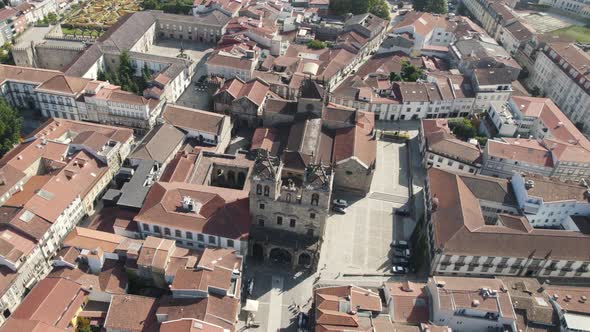 Half Orbit Shot Congregados Church in Braga Portugal urban area at day