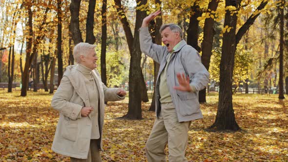 Positive Elderly Family Couple Dancing in Autumn Park Smiling Happy Pensioners Have Fun Outdoors