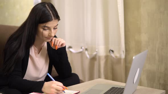 Focused Student Girl Studying Online Internet Teacher Freelancer Working