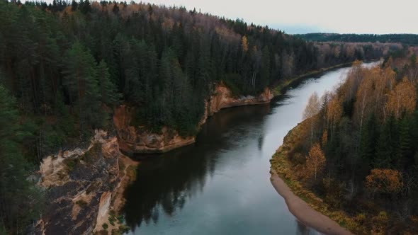 Erglu Cliffs and Great View on the Gauja River Cesis, Latvia. Autumn Landscape Red Rocks Stone Cliff