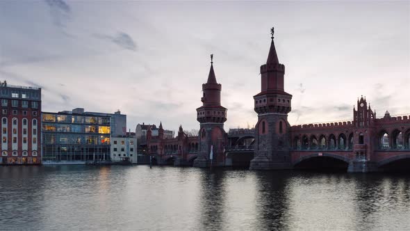 Time Lapse of Berlin Oberbaumbruecke with Spree River, Berlin, Germany