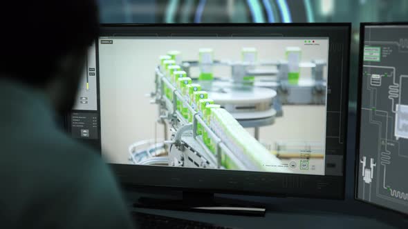 Modern computer program is managing the conveyor equipment at the facility alt