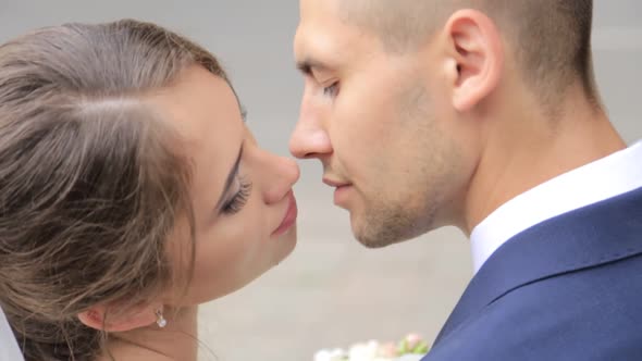 Portrait of Bride and Groom Kissing on a Background of the City