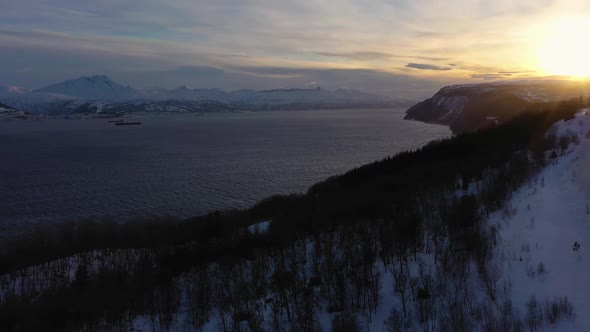 Ofotfjord Fjord and Mountains in Winter. Norway. Aerial View