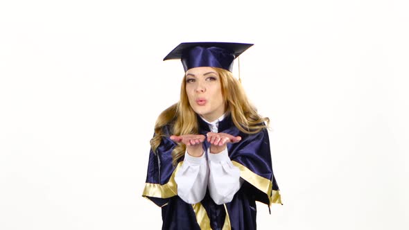 Portrait of Female Graduate Student Sends an Air Kiss. White