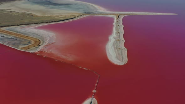 Beautiful top view of the salty, pink lake. Beautiful pink sunrise.