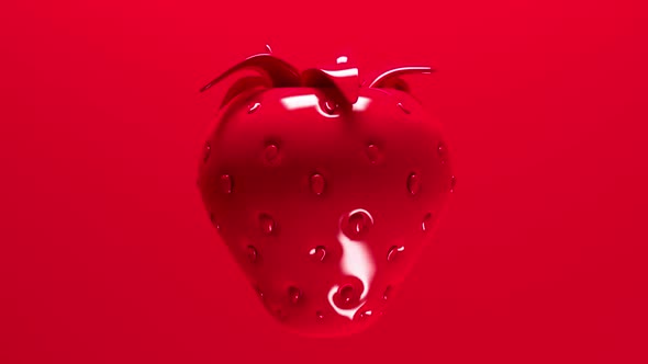 3D Large juicy strawberry on a red background with bright studio lighting