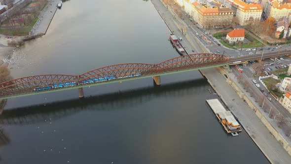 Aerial View of Railway Bridge Across Vltava River or Vysehradsky Most in Prague, Czech Republic