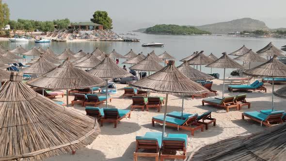 Beautiful Beach with Umbrellas and Sunbeds in Ksamil Albania