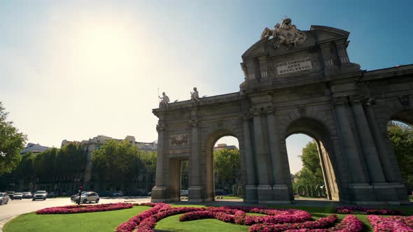 Time Lapse Hyperlapse of Puerta De Alcala Famous Landmark in Madrid Spain