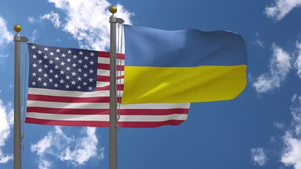 Usa Flag Vs Ukraine Flag On Flagpole