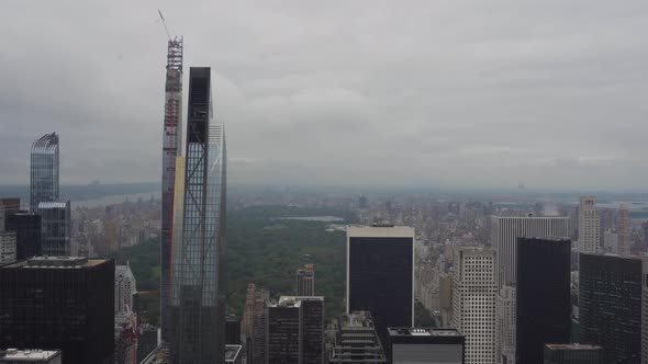 Manhattan New York USA. Downtown Cityscape on Cloudy Rainy Day, Top of The Rock Rockefeller Plaza Ob