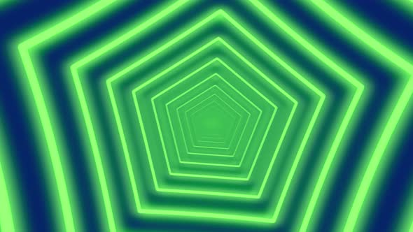 Abstract digital neon pentagon shapes tunnel background. Blurred futuristic sparkling animation