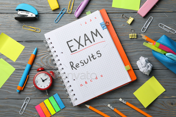 Inscription Exam, Results and stationary on wooden background, top view / Photodune, Misc