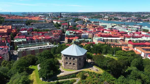 Skansen Kronan Fortress Overlooking The City Of Gothenburg Sweden - aerial ascending