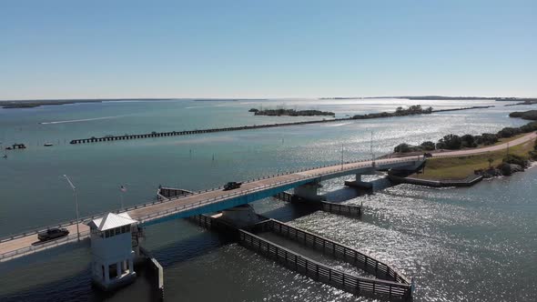 exciting aerial of Boca Grande bridge and turn to the island of Boca Grande, Florida, United States